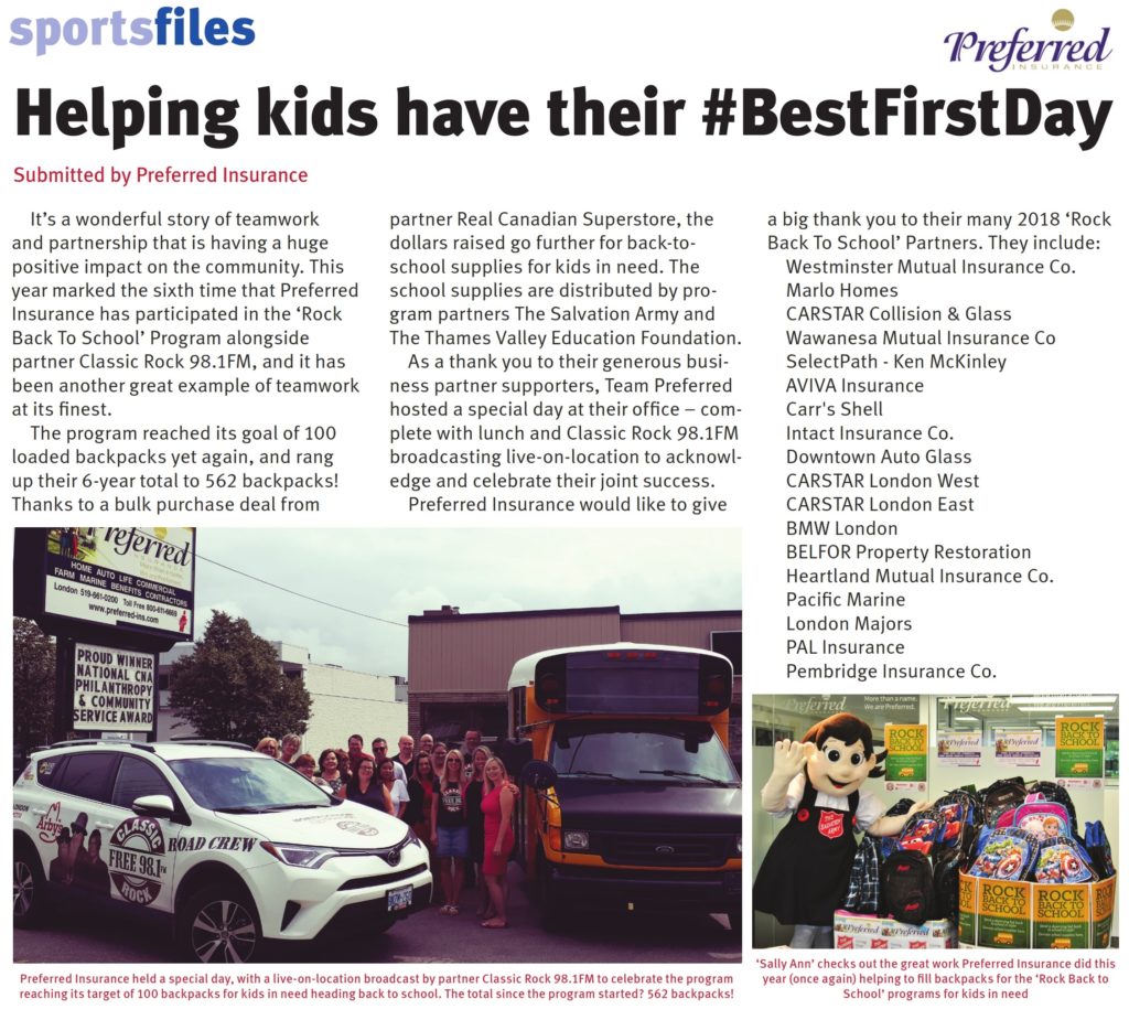 SportsXpress Article Preferred Insurance & Partners Helping Kids have their #BestFirstDay Rock Back To School with Classic Rock 98.1FM Salvation Army Thames Valley Education Foundation