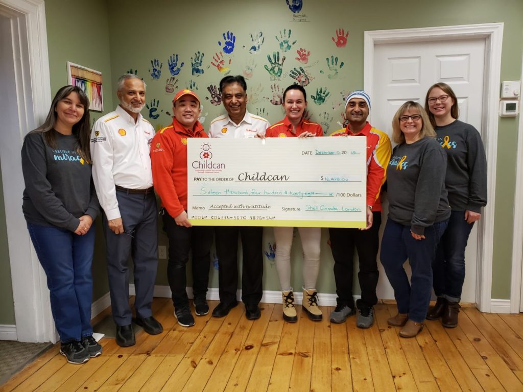 Shell Canada / Shell London Retailers with cheque to Childcan for $16428 for their gas card drive fall 2019 in conjunction with Preferred Insurance Turkey Bowl